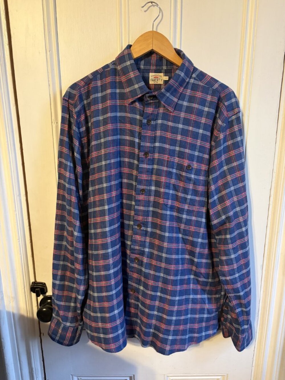 Faherty Movement Shirt Mens XL Blue Red Plaid Stretch Flannel Button Up Supima